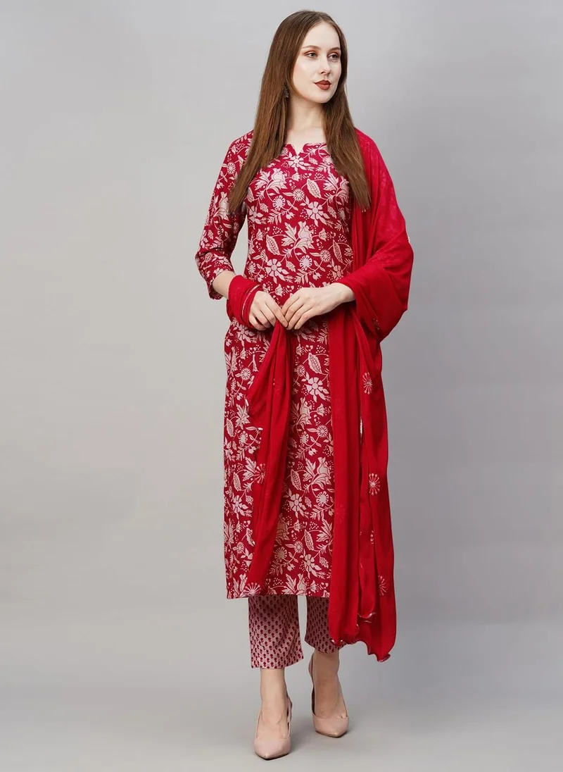 GoSriKi  GoSriKi Women's Cotton Blend Straight Printed Kurta with Pant & Dupatta (MEI Red-GS_L_Red_Large) for Women | Best Price UAE